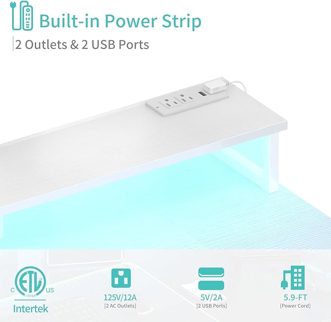 Lufeiya White Desk with Storage Shelves - 47 inch Home Office Gaming Desk with Monitor Stand, Computer Desk with LED Lights and Power Outlets, White