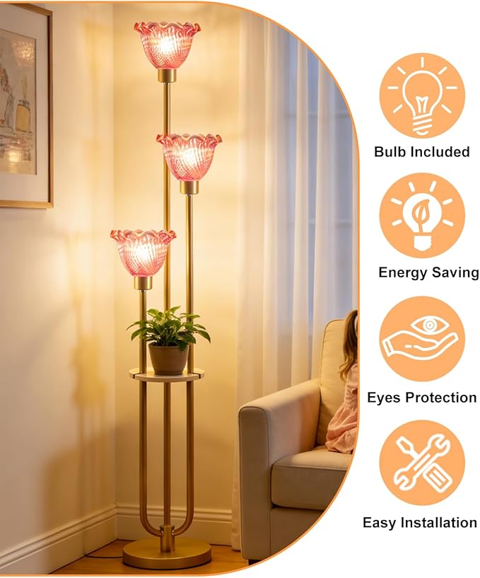 Lightdot Glass Floor Lamp for Living Room Dimmable Gold Floor Lamp with Rose Red Glass Shade & 3000K Bulbs Included 3-Lights Modern Tall Standing Lamp for Bedroom/Sofa Beside/Corner Decor