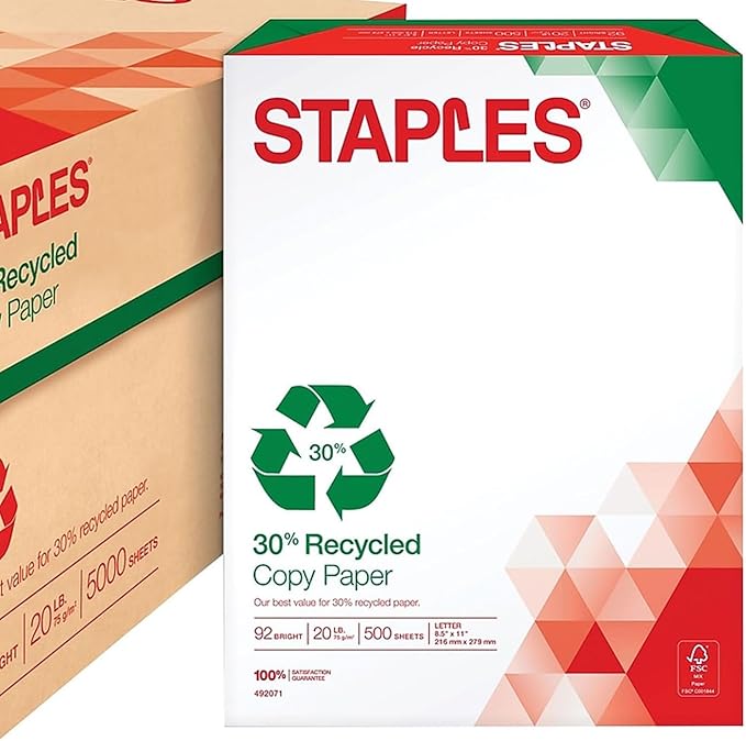Staples 30% Recycled Copy Paper, 8 1/2" x 11", Case, For Office, School & Home