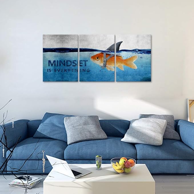 Motivational Posters Mindset is Everything Wall Art Goldfish Pictures Big Shark Inspirational Canvas Painting Inspiring Entrepreneur Quotes Print Artwork Home Decor for Office Teens Framed (36"Wx16"H)