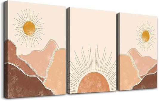 MHARTK66 Boho Wall Decor Living Room Canvas Wall Art For Bedroom Minimalist Abstract Mountain Sunshine Wall Paintings Wall Decorations For Girl Room Office Wall Decor Pictures Home Decor 3 Piece