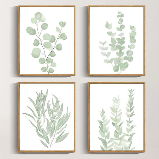 Drsoum Framed Botanical Plant Canvas Wood Wall Art Light Green Sage Wall Decor Eucalyptus Leaf Picture for Bedroom Living Room Bathroom Office 8”x 10” x 4pcs