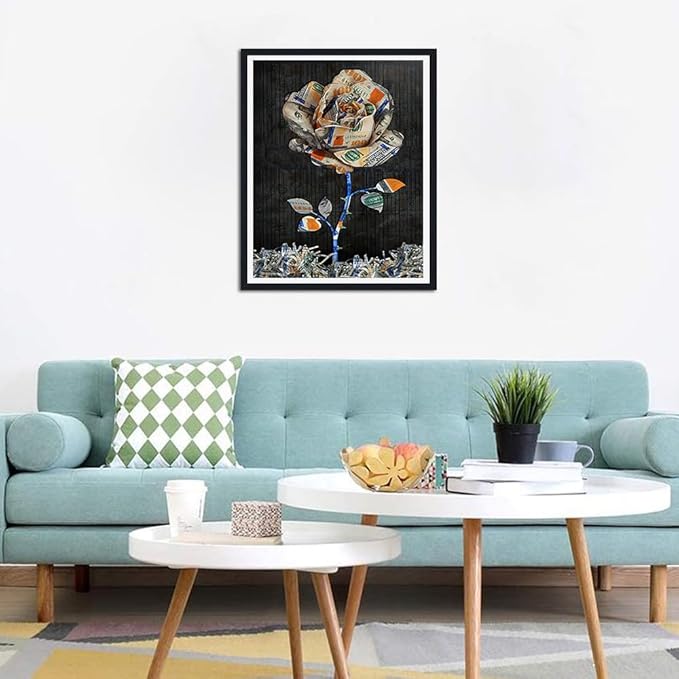 Money Framed Canvas Print Wall Art, Financial Success Motivational Office Decor, Dollar Rose Poster Ready to Hang, Modern Wall Picture for Living Room, 12.5x16.5 Inches