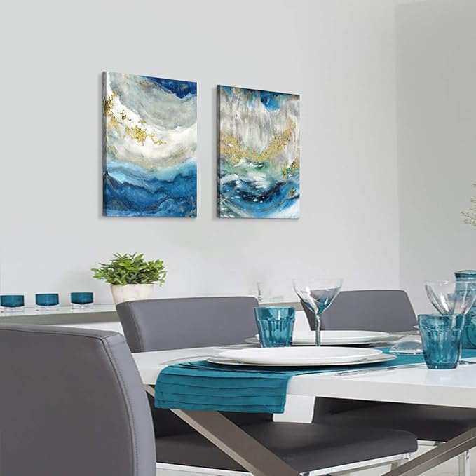 Hardy Gallery Abstract Painting Canvas Wall Art: Blue Picture Hand Painted Artwork for Living Room (24'' x 18'' x 2 Panels)