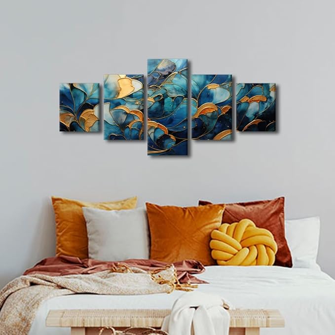 Canvas Wall Art Decor for Men Modern Abstract Wall Art Blue and Gold Flower Marble Poster Prints on Canvas 5 Panel Living Room Wall Art for Room Home Decor Stretched Ready to Hang 50x24 in