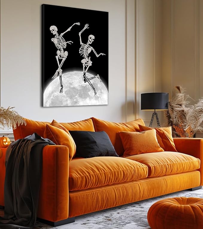 Wall Art for Living Room - Framed Dancing Skeletons on Moon Painting Unique Gothic Poster Aesthetic Artwork Fun Dark Humor Canvas Print Spooky Bedroom Office Home Decoration, Large 28"x44"