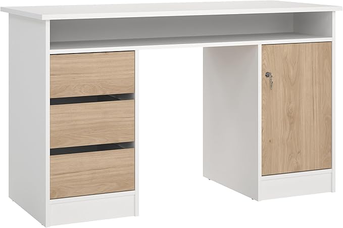 Tvilum Function Plus Computer Desk with Storage Cabinet, 3 Handle-Free Drawers, Two-Tone White and Oak Color Finish