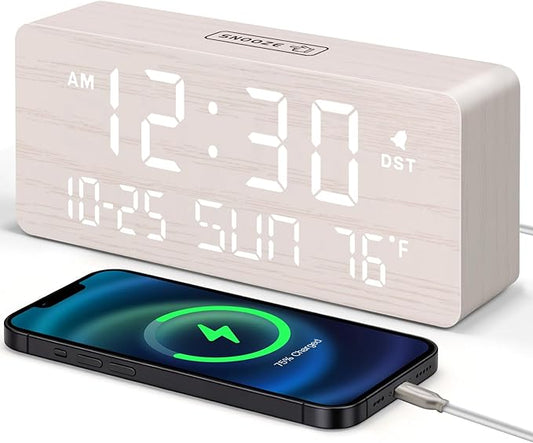 DreamSky Wooden Digital Alarm Clocks for Bedrooms - Living Room Desk Clock with Date and Day of Week, Temperature, USB Port, Dimmer Wheel, Adjustable Volume, Auto DST, Wood Decor for Office Table