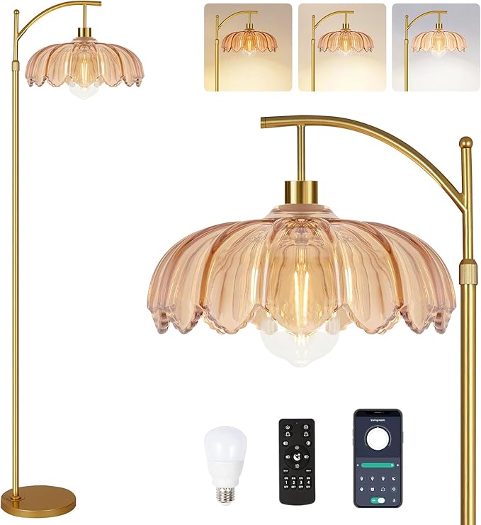 Gold Arc Floor Lamp for Living Room Bedroom,Adjustable Unique Modern Floor Lamps with Remote,Vintage Glass Standing Lamp with Dimmable Bulb,Bright Flower Brass Tall Lamp for Corner Office