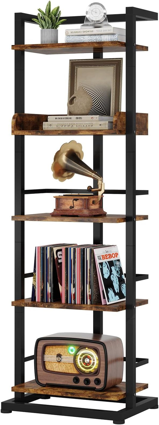 Hosfais Book Shelf Narrow Bookshelf: 5 Tier Wood Bookcase with Metal Edge Protection Industrial Modern Bookshelf Book Storage Organizer for Living Room Bedroom Home Office (Rustic Brown)