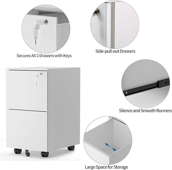 2 Drawer Locking File Cabinet with Wheels, Mobile Metal Filing Cabinet for Home and Office, Steel, White