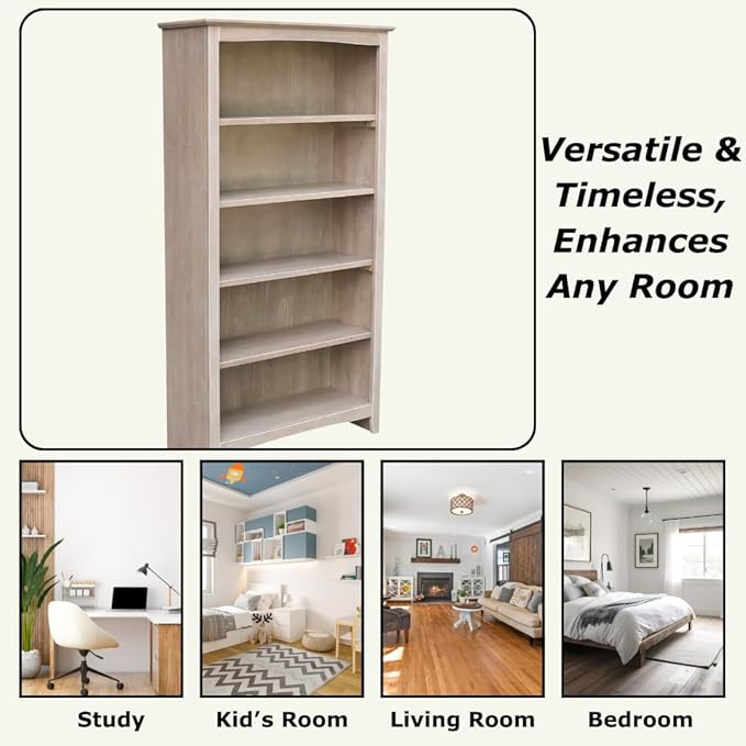 Shaker Solid Wood Bookcase, 60" High, Washed Gray Taupe