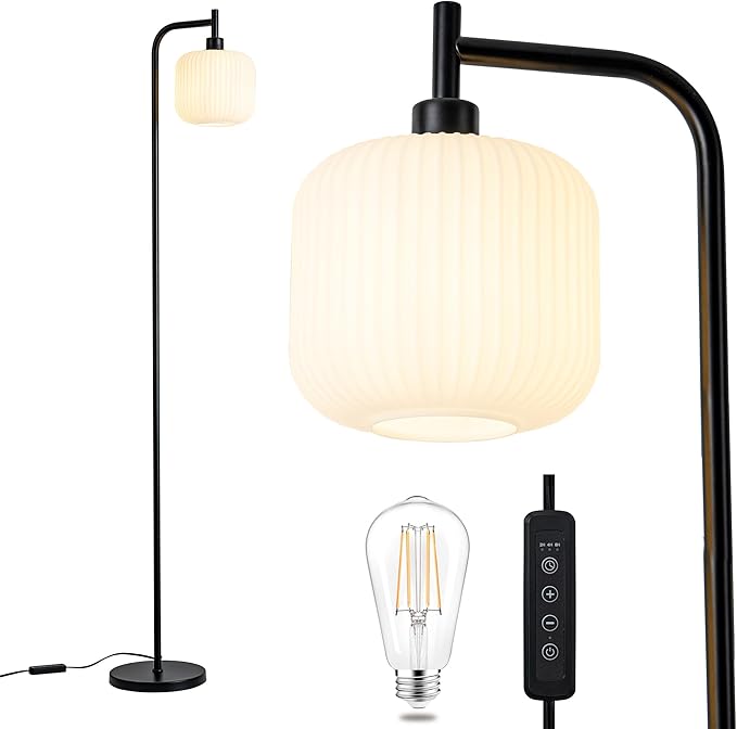 MAYNA Modern Industrial Floor Lamp, Frosted White Glass Standing Lamp with Built-in Timer Switch, Black Tall Minimalist Lamps for Living Room Bedroom, 2700K LED Bulb Included