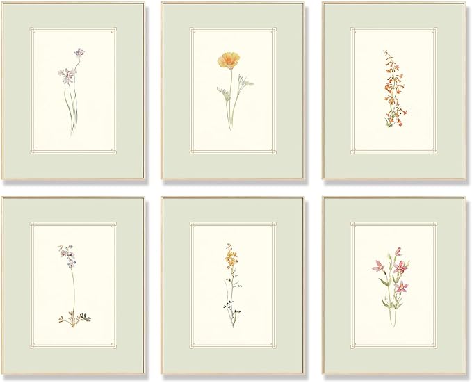 KBKBART Mint Green Floral Wall Art Set of 6 Unframed, Minimalist Abstract Flower Prints Watercolor Botanical Wildflower Wall Decor Canvas Painting, Boho Wall Decor for Bathroom, Living Room