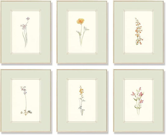 KBKBART Mint Green Floral Wall Art Set of 6 Unframed, Minimalist Abstract Flower Prints Watercolor Botanical Wildflower Wall Decor Canvas Painting, Boho Wall Decor for Bathroom, Living Room