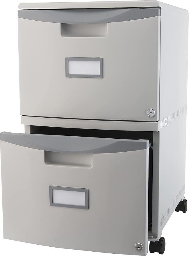 Storex Plastic Two-Drawer File Cabinet – Locking Document Organizer with Casters for Home and Office, Gray, 1-Pack (61311C01C)