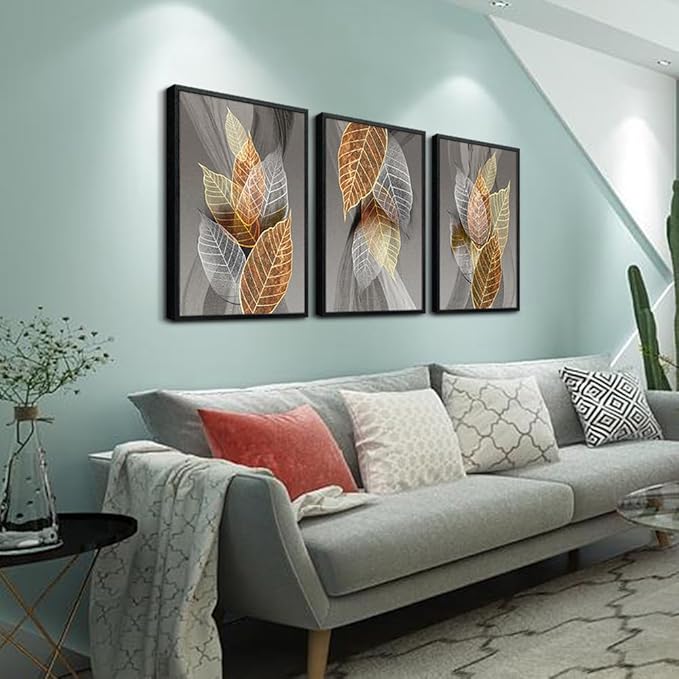 Black Framed Canvas Wall Art For Living Room Wall Decorations For Kitchen Large Size Wall Decor Abstract Leaves Painting Inspirational Pictures Artwork Bathroom Home Decor of 3 Piece Framed Art Prints