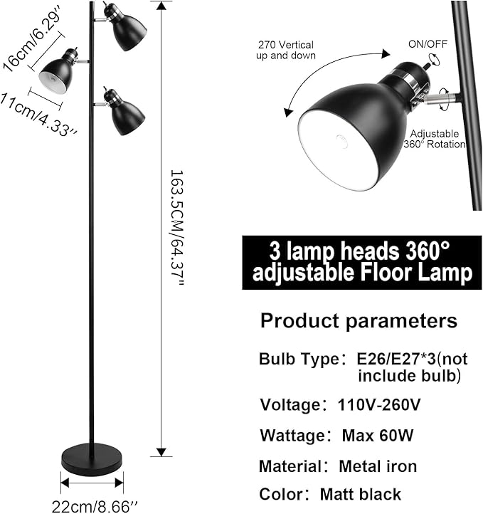 FIRVRE Modern Tree Floor Lamp for Living Room,Industrial 3-Light Standing Lamp, Black Adjustable Rotation Heads, Standing Tall Pole Lamp Farmhouse Rustic Reading Lamps for Bedroom Office