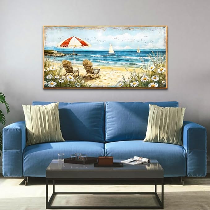 ERQINHUA Large Wall Decor Canvas Painting Wall Art For Living Room Decoration Blue Seaside Landscape Painting Bedroom Print Artwork Picture For Dining Room Bathroom Home Decor Wood Frame 24x48 In