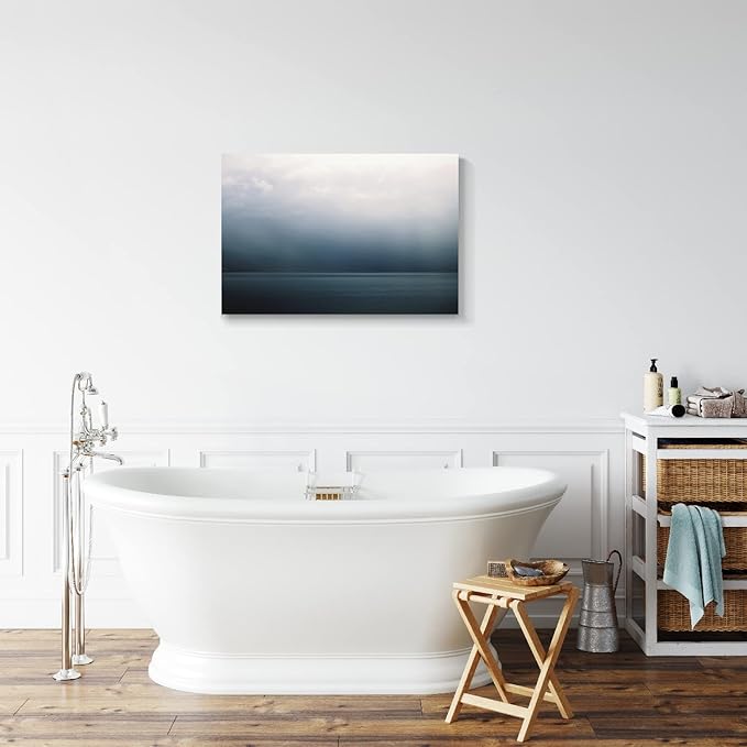Large Canvas Wall Art Modern Abstract Art Paintings Green Mountains Blue Sea Under the Grey Sky Scenery Framed Artwork Pictures for Living Room Bedroom Hallway Wall Decor 30x20in