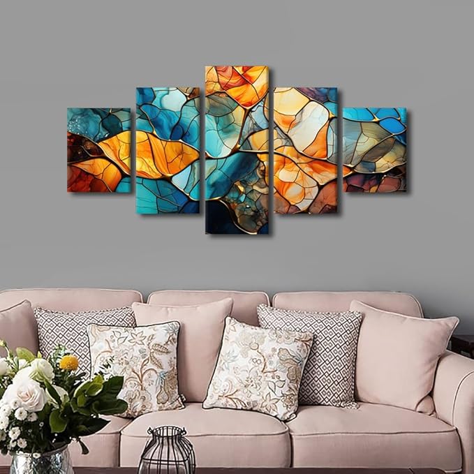 Rebotipy Abstract Canvas Wall Art Decor Modern Living Room Wall Art 5 Panel Home Canvas Art Blue Yellow Brown Glass Window Poster Printing for Men Living Room Decor Stretched Ready to Hang 60x32 in