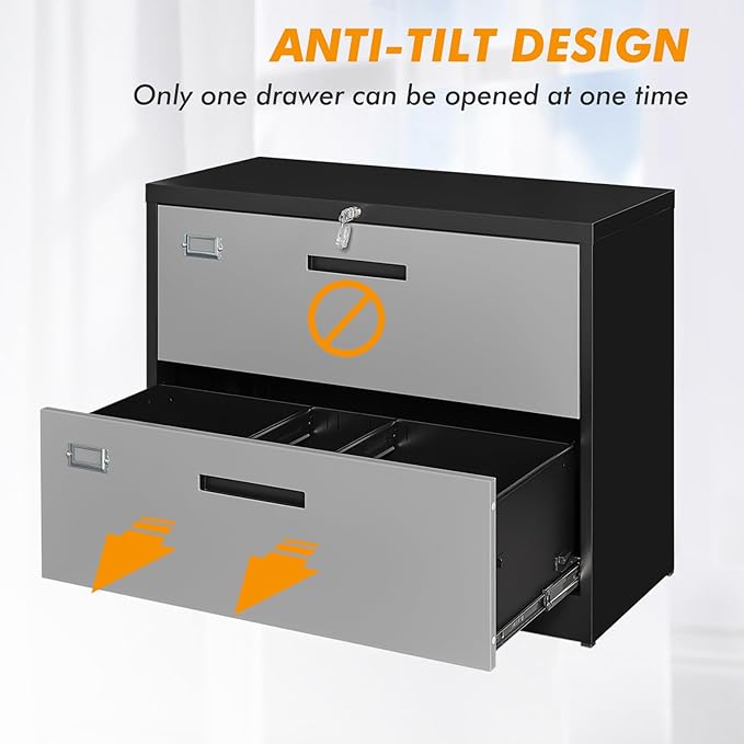 Lateral File Cabinet with Lock, 2 Drawer Metal Filing Cabinet, Lateral Filing Cabinet with Lock for Home Office, Locking Metal Steel Wide File for Legal/Letter A4 Size