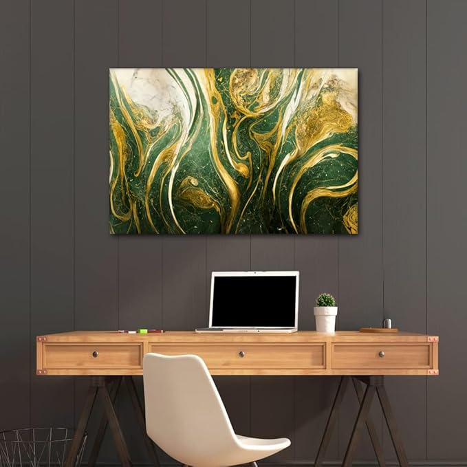 Marble Art Canvas Wall Art 1 Panel Abstract Wall Decor Gold and Blue Design Art Poster Prints on Canvas for Native Americans Living Room Home Wall Decor Stretched and Framed Ready to Hang 36x24 in