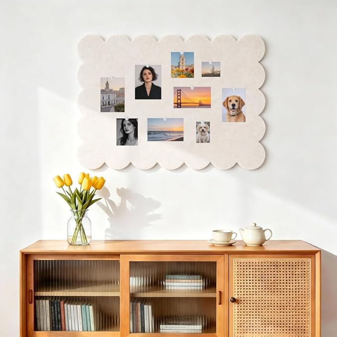 2Pcs Scalloped Felt Bulletin Board 24 x 18 Inches Cork Board Alternative for Wall Self Adhesive Foldable Felt Board with 44 Pushpins Message Photo Board for Home Office School