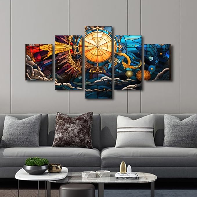 Canvas Wall Art Modern Bedroom Decor Stained Glass Style Poster Prints on Canvas Sea Sun Moon Stars Anchor Painting Art 5 Panel Wall Art for Office Decor Stretched and Framed Ready to Hang 60x32 in