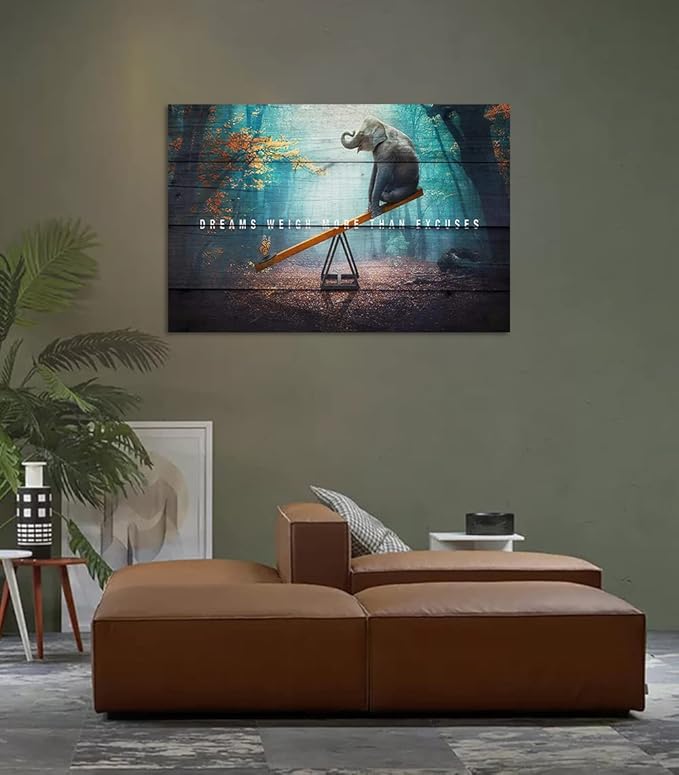 Motivational Quotes Dreams Weight More Than Excuses Wall Art Inspirational Gift for Men Office Home Decor for Walls Butterfly and Elephant Picture Modern Art Paintings Framed, 16"x12"