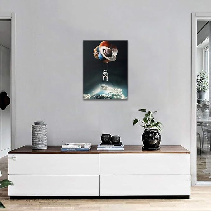 Yatsen Bridge Space Astronaut Canvas Wall Art, Creative Universe Planet Balloon Poster and Print with Frame, Modern House Decorations for Game Room Kids Room Ready to Hang - 18x24 inches