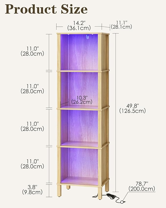 Bookshelf with LED Lights, Modern 4-Tier Bookcase, Open Storage Book Shelf, 11 × 14.2 × 50.4 Inches, Small Narrow Bookshelves for Living Room, Home Office, Bedroom, Natural