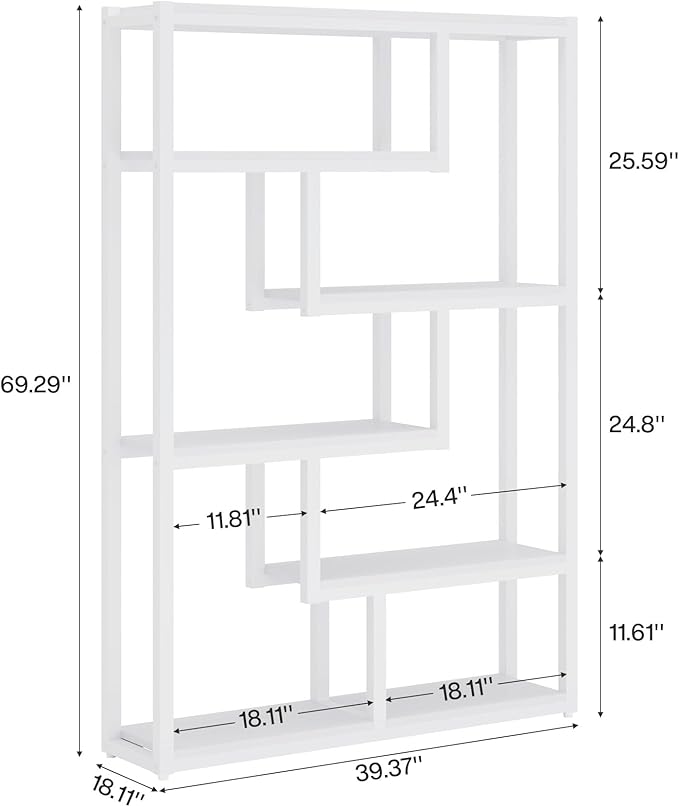 Tribesigns Way to Origin 6-Shelf Industrial Bookshelf, Modern Etagere Bookcase, 69 Inch Tall Storage Display Staggered Shelves with Sturdy Metal Frame for Home Office, White