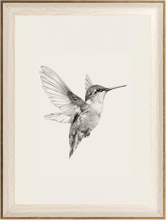 ASTRDECOR Hummingbird Wall Art Prints – Vintage Black and White Bird Sketch Painting Picture, Rustic Neutral Decor Canvas Wall Decor for Modern Home and Bedroom Decoration – Framed 12''x16''