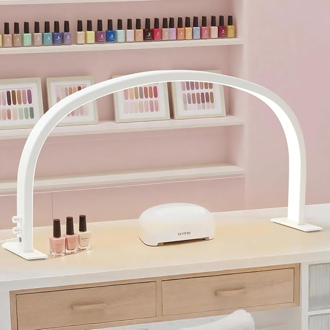 U-Shape Half Moon Light for Nail Desk Lamp, 29in 48W LED Desk Lamp for Nail Tech, Adjustable Brightness Knob 3 Color Temperatures, Half Moon Light for Manicure Handcraft Tattoo Detailed Work