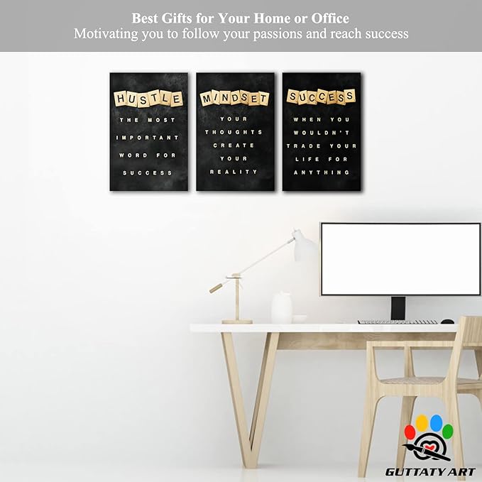 Office Wall Art - Motivational 3-Panel Canvas Art for Home Office: Positive Quote, Entrepreneur Words Poster Frame, 12'x24' x3pcs