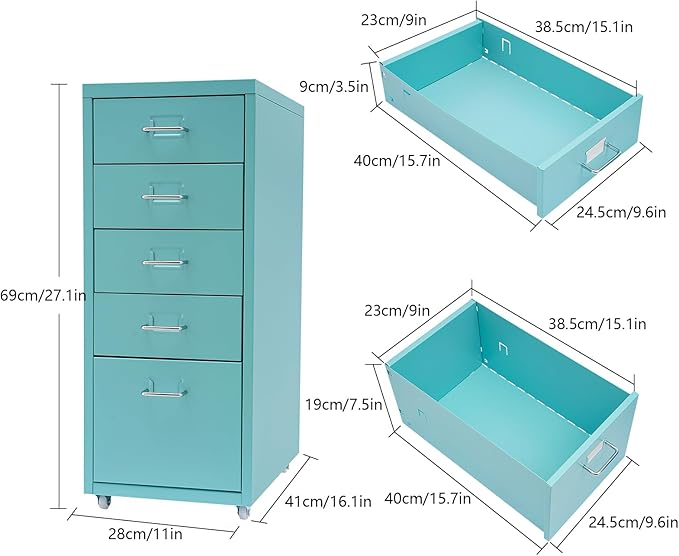 Metal File Storage Cabinet, 5 Drawer Vertical Filing Cabinets with Wheels Under Desk Storage Drawers, 11 * 16.1 * 27.1in Mobile File Cabinets Under Desk Cabinet for Bedroom, Office (Blue)