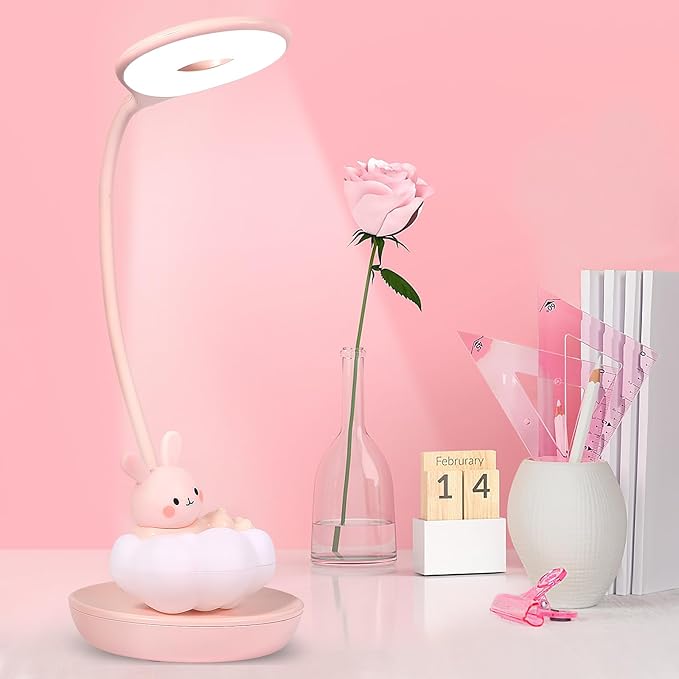 Cute Rabbit Design Dimmable Touch LED Reading Desk Lamp Night Light with 5 Levels Brightness for Boy,Girl Kid Teen (Pink Cloudy Bunny)
