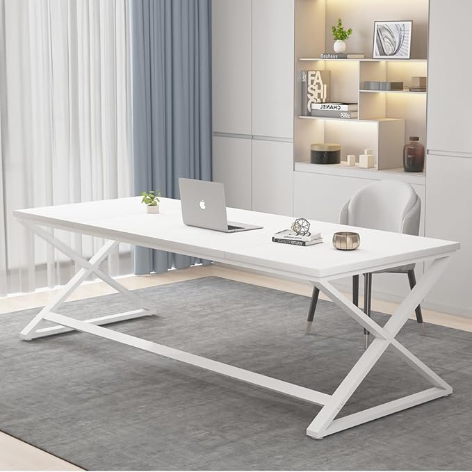 IBF Long White Computer Desk, Modern Simple Large Home Office Desk, Wood Metal Work Study Writing Table for 2 Monitors, Double Pc Gaming Executive Workstation in Bedroom Living Room, White Oak,70 in