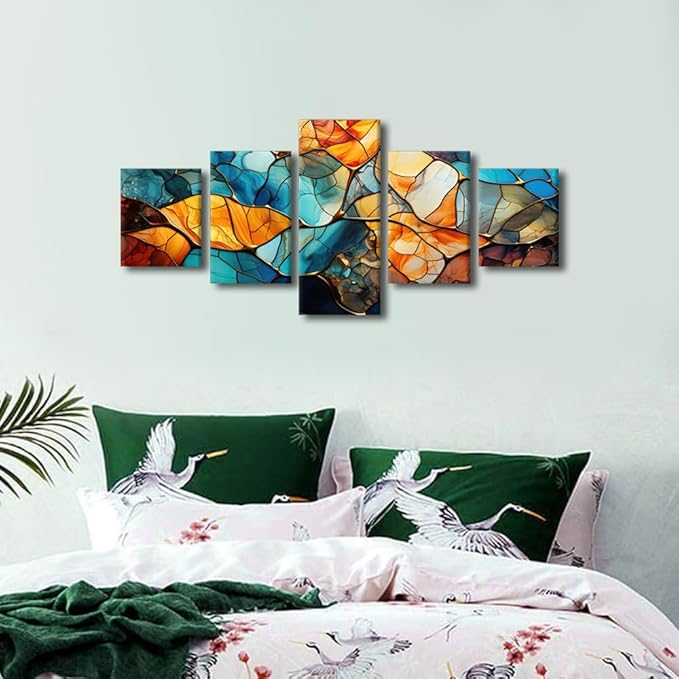 Abstract Canvas Wall Art Decor Modern Living Room Wall Art 5 Panel Home Canvas Art Blue Yellow Brown Glass Window Poster Printing for Men Living Room Decor Stretched Ready to Hang 50x24 in