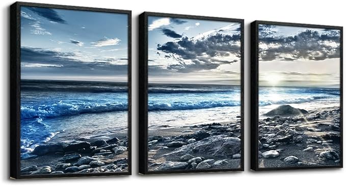 Lapremoly Black Framed Wall Art For Living Room Large Wall Decor For Bedroom Office Decorations Blue Beach Seascape Wall Pictures Ocean Landscape Painting Poster Prints Artwork Home Decor 3 Piece