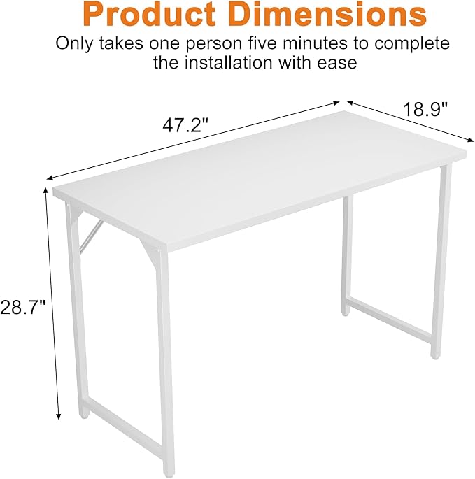 Grandder 47 inch Computer Desk, Home Office Desk Study Writing Kid Table, Simple PC Work Desk, Adjustable Feet, White