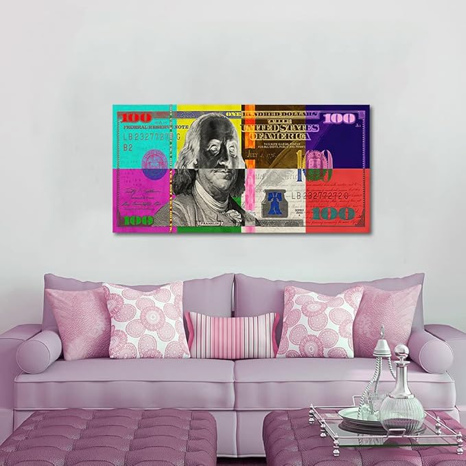 Color Money Canvas Paintings Wall Art Vivid Colorful 100 USD Print Abstract Creative Benjamin Franklin Hundred Dollar Bill Artwork Modern Home Office Decoration, Framed & Easy to Hang-48 Wx24 H