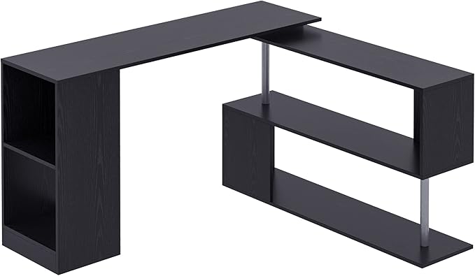 HOMCOM 55" 360° Rotating Corner Computer Desk Modern L-Shaped Home Office Workstation with 3-Tier Storage Shelves, Bookshelf, Black