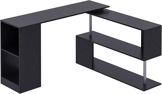 HOMCOM 55" 360° Rotating Corner Computer Desk Modern L-Shaped Home Office Workstation with 3-Tier Storage Shelves, Bookshelf, Black
