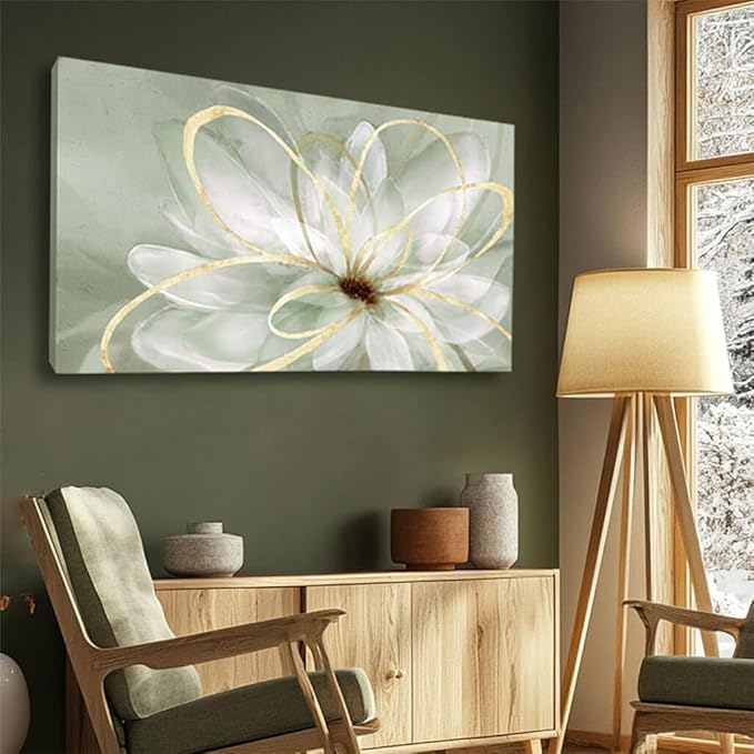 Artexist Flower Wall Decor White Blossom Plant Gold Line Canvas Painting Modern Hand Painted Wall Art for Living Room Bedroom Office 29x58 Inch