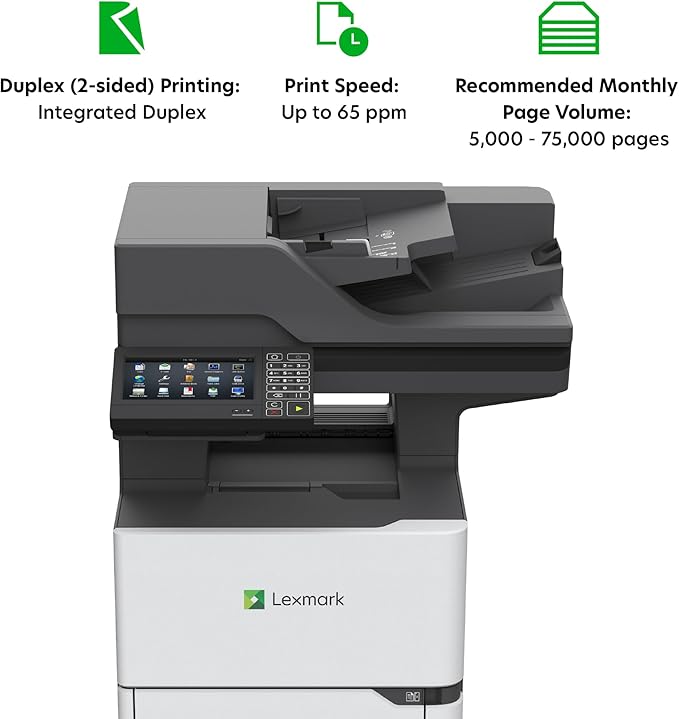 Lexmark MX721ade Monochrome Laser Printer, Integrated Duplex, 7-inch Color Touch Screen, Energy Star, Recommended Monthly Page Volume: 5000-75000 Pages, Print Speed: Up to 65 ppm.(25B0000)