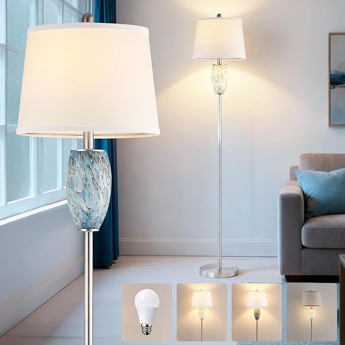 Modern Floor Lamp for Living Room, Bedroom, Stained Glass Coastal Lamp for Living Room Decor, Mid Century 65" Tall Standing Lamp with Nightlight, Corner Stand Up Light (Bulb Included)