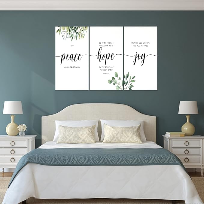 3 Piece Inspirational Wall Art, White Plants Background Picture, Quotes "Peace Hope Joy" Canvas Print for Home Decor, Triptych Motivational Poster Framed Artwork for Classroom Wall Decor (72"Wx36" H)