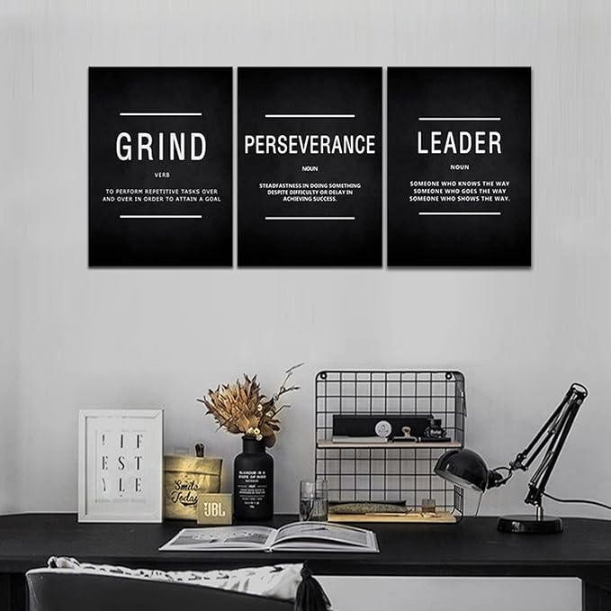 KAWAHONE Inspirational Grind Wall Art for Home Office Workplace, Perseverance Leader Canvas Quotes Motivate Success Positive Poster Framed Motivation Gift for Friends Entrepreneur Ready to Hang